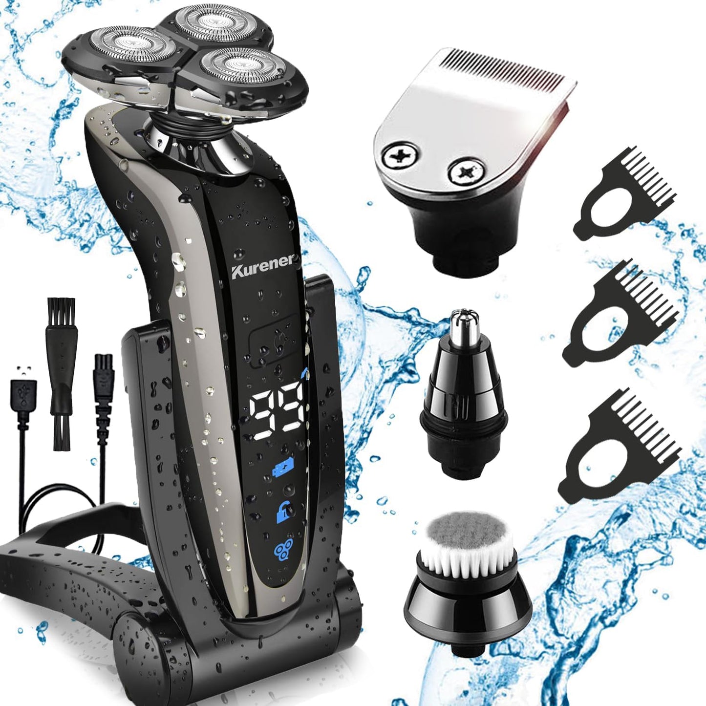 Afeitadora eléctrica para hombres, recargable, 100% impermeable, rotativa para afeitarse con recortadora de nariz, patillas, recortadora, cepillo de limpieza facial