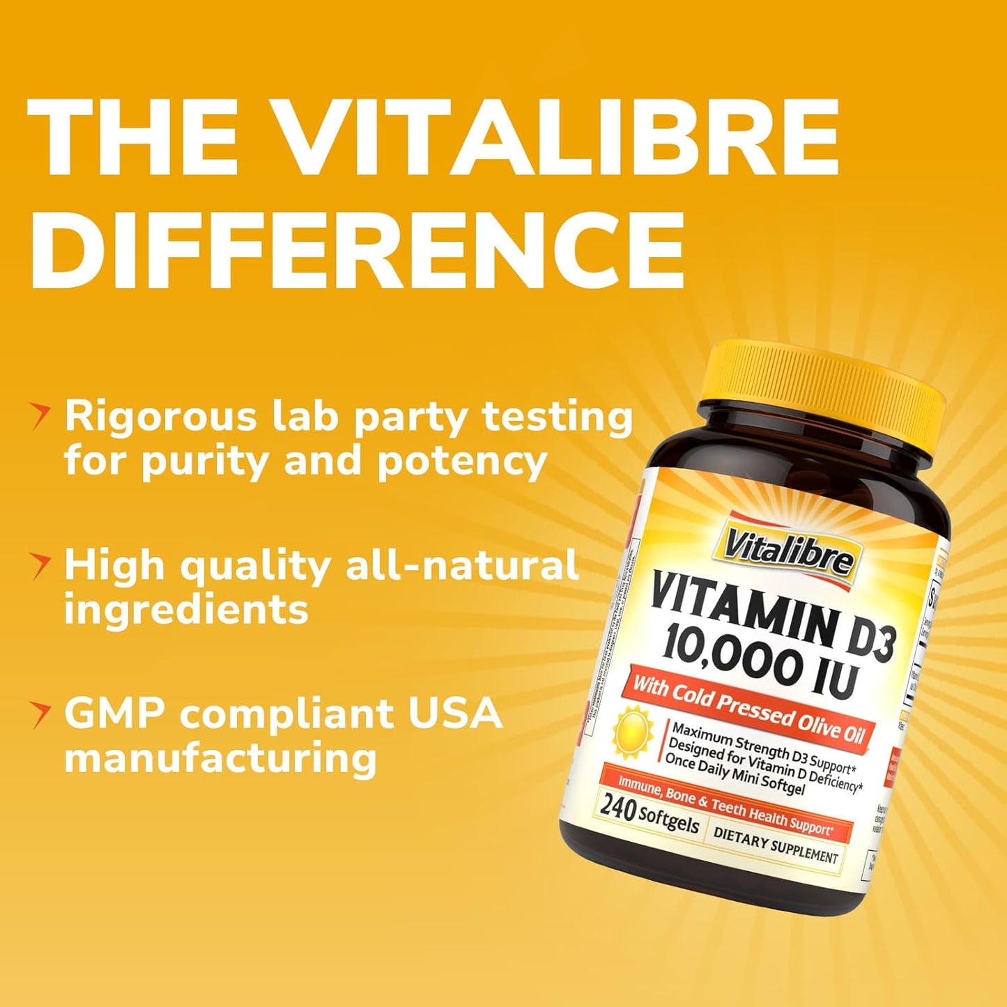 Vitalibre Vitamina D3 de máxima fuerza 10,000 UI (250 mcg), altamen...