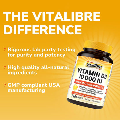 Vitalibre Vitamina D3 de máxima fuerza 10,000 UI (250 mcg), altamen...