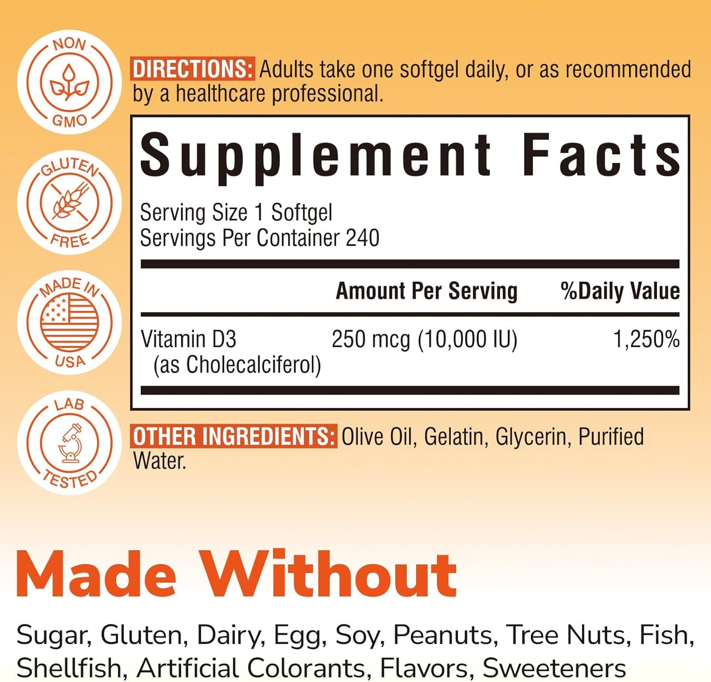 Vitalibre Vitamina D3 de máxima fuerza 10,000 UI (250 mcg), altamen...