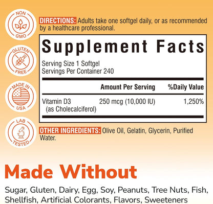 Vitalibre Vitamina D3 de máxima fuerza 10,000 UI (250 mcg), altamen...