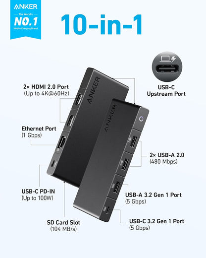 Anker Hub USB C (10 en 1), monitor dual con HDMI 4K, entrega de potencia máxima de 100 W, puertos HDMI 4K duales, 4 puertos de datos USB-A/USB-C, lector de tarjetas Ethernet y SD para portátiles Dell, ThinkPad y más
