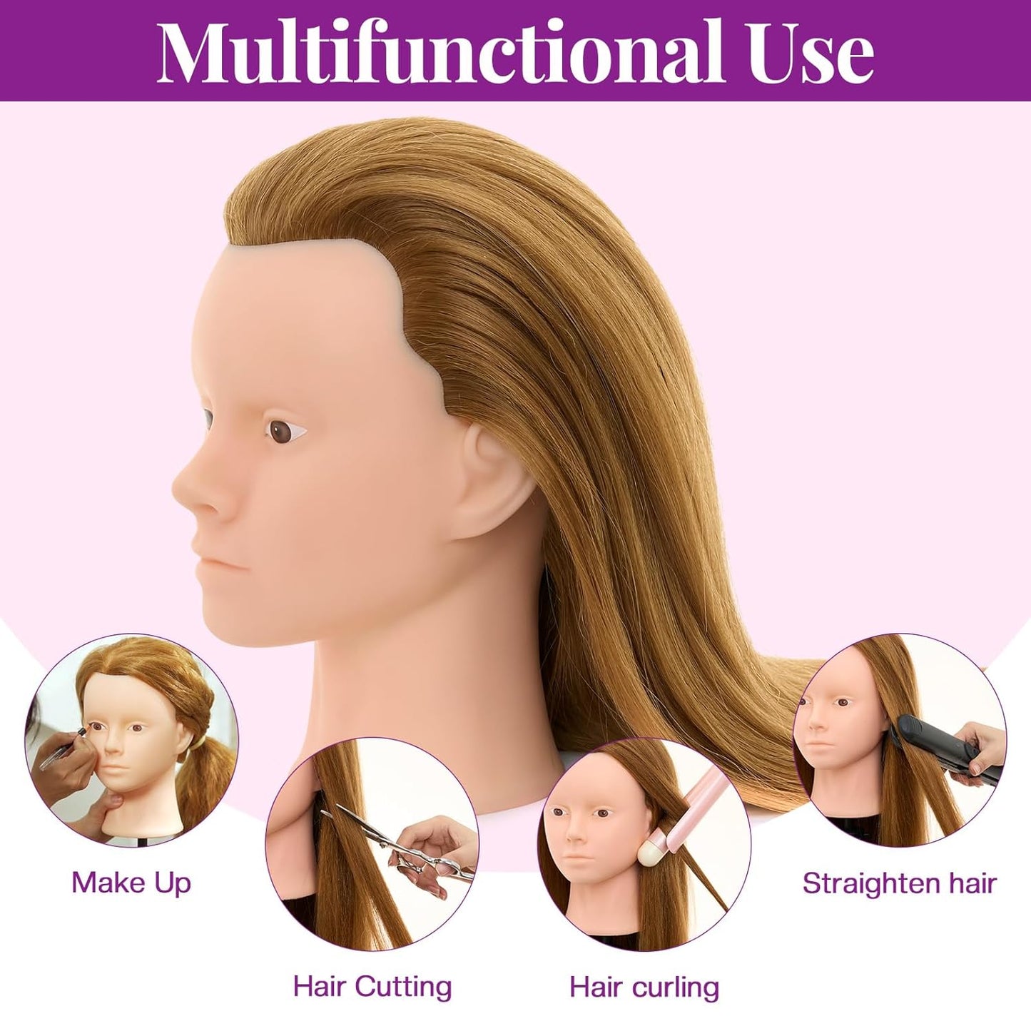 Cabeza de maniquí de 28 pulgadas con 80 % cabello humano real, cabe...