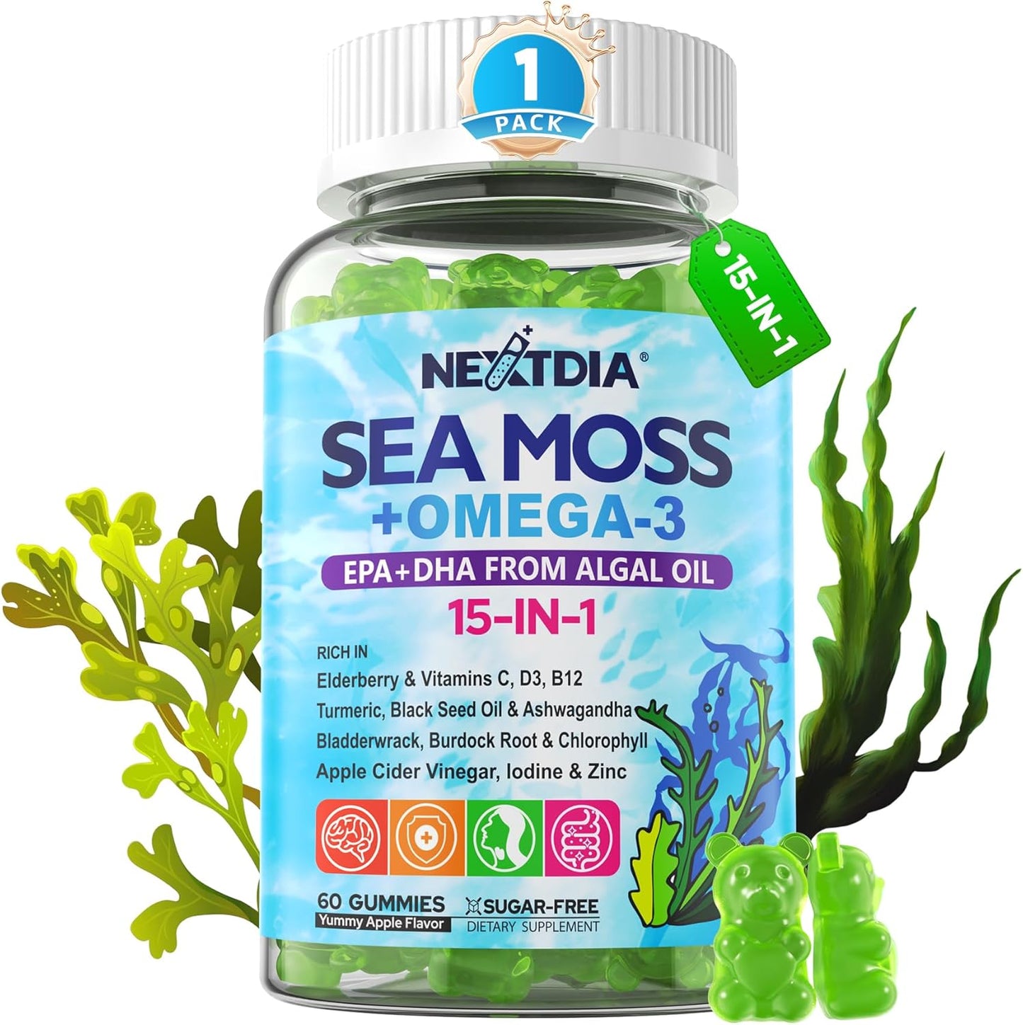 Gomitas de musgo marino + algas omega-3 para hombres y mujeres, veg...