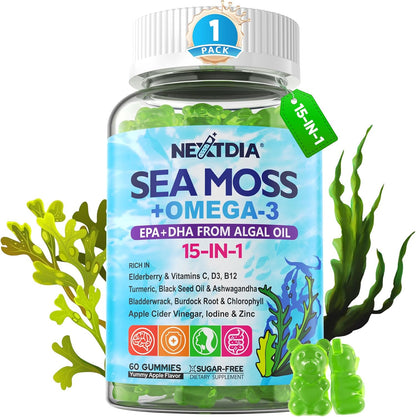 Gomitas de musgo marino + algas omega-3 para hombres y mujeres, veg...