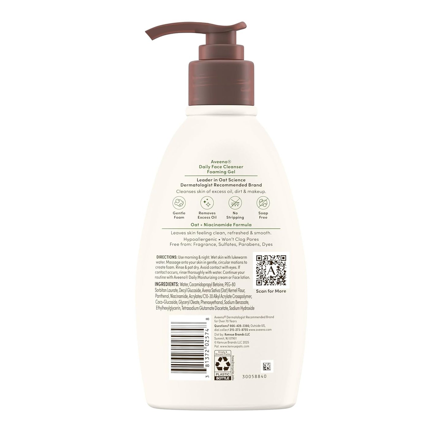 Aveeno Limpiador facial de gel espumoso diario, sin fragancia, 12 onzas líquidas