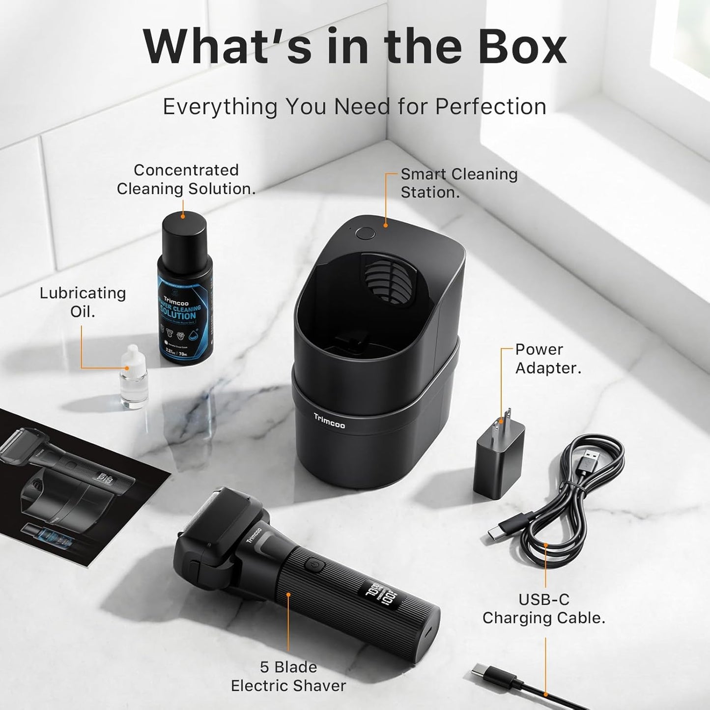 Afeitadora eléctrica para hombres – Trimcoo Kit de maquinilla de afeitar de 5 hojas | Suave con la piel sensible | Centro de autolimpieza, carga USB-C, tiempo de funcionamiento de 180 minutos, IPX7