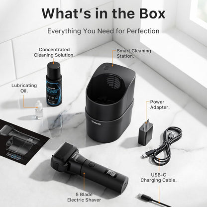 Afeitadora eléctrica para hombres – Trimcoo Kit de maquinilla de afeitar de 5 hojas | Suave con la piel sensible | Centro de autolimpieza, carga USB-C, tiempo de funcionamiento de 180 minutos, IPX7