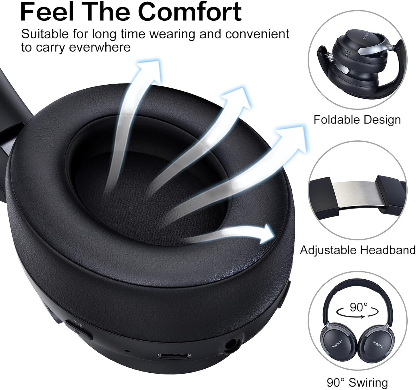 RORSOU B8 - Audífonos Bluetooth supraaurales, 6 modos de música EQ...