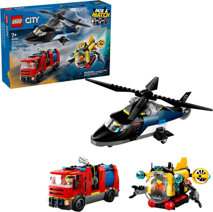 LEGO City Helicopter, camión de bomberos y submarino Remix juguete para niños, 3 juguetes de construcción en 1 para niños y niñas, a partir de 7 años, idea de regalo para cumpleaños, con 3 minifiguras