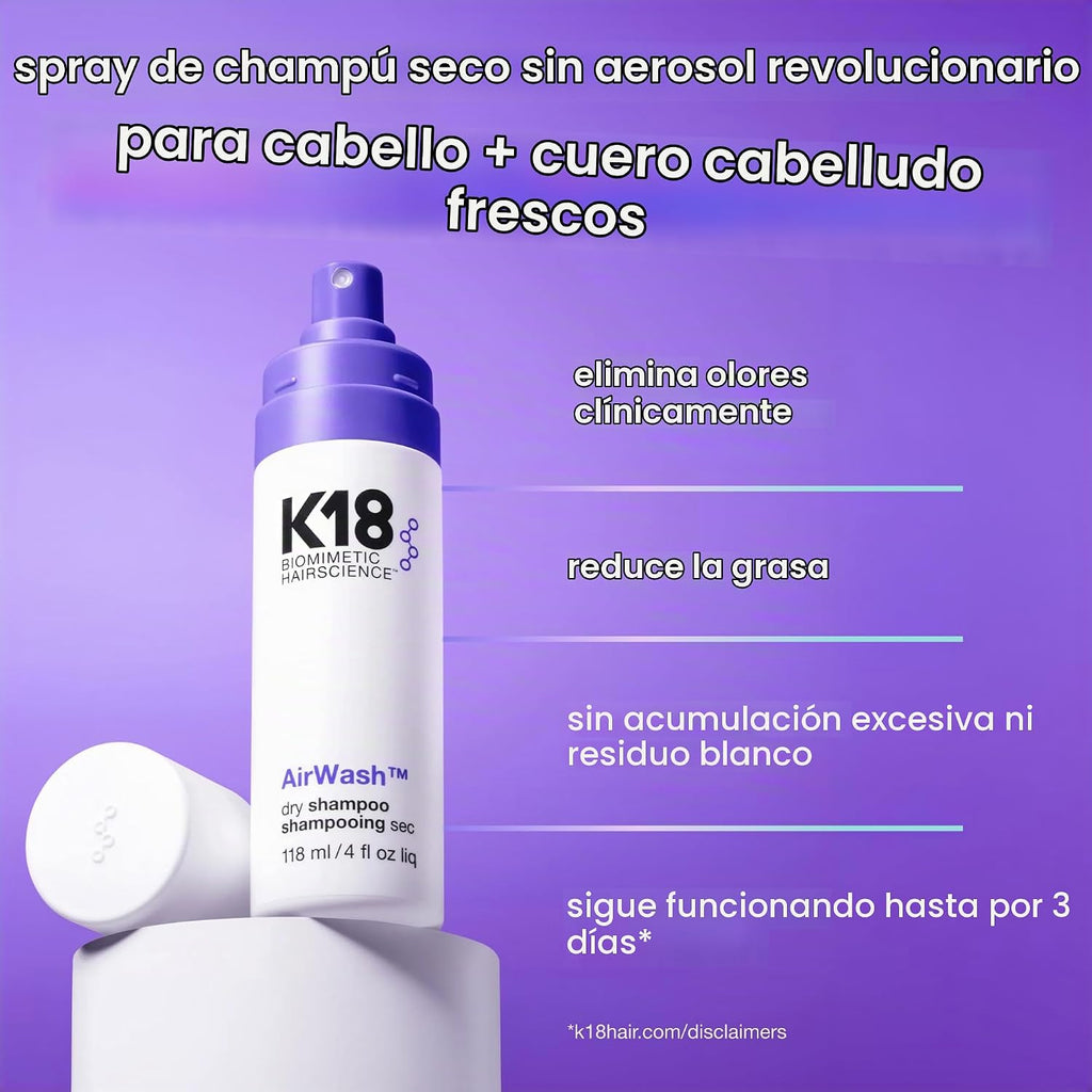 El champú seco K18 AirWash™, sin aerosol, equilibra el cuero cabell...