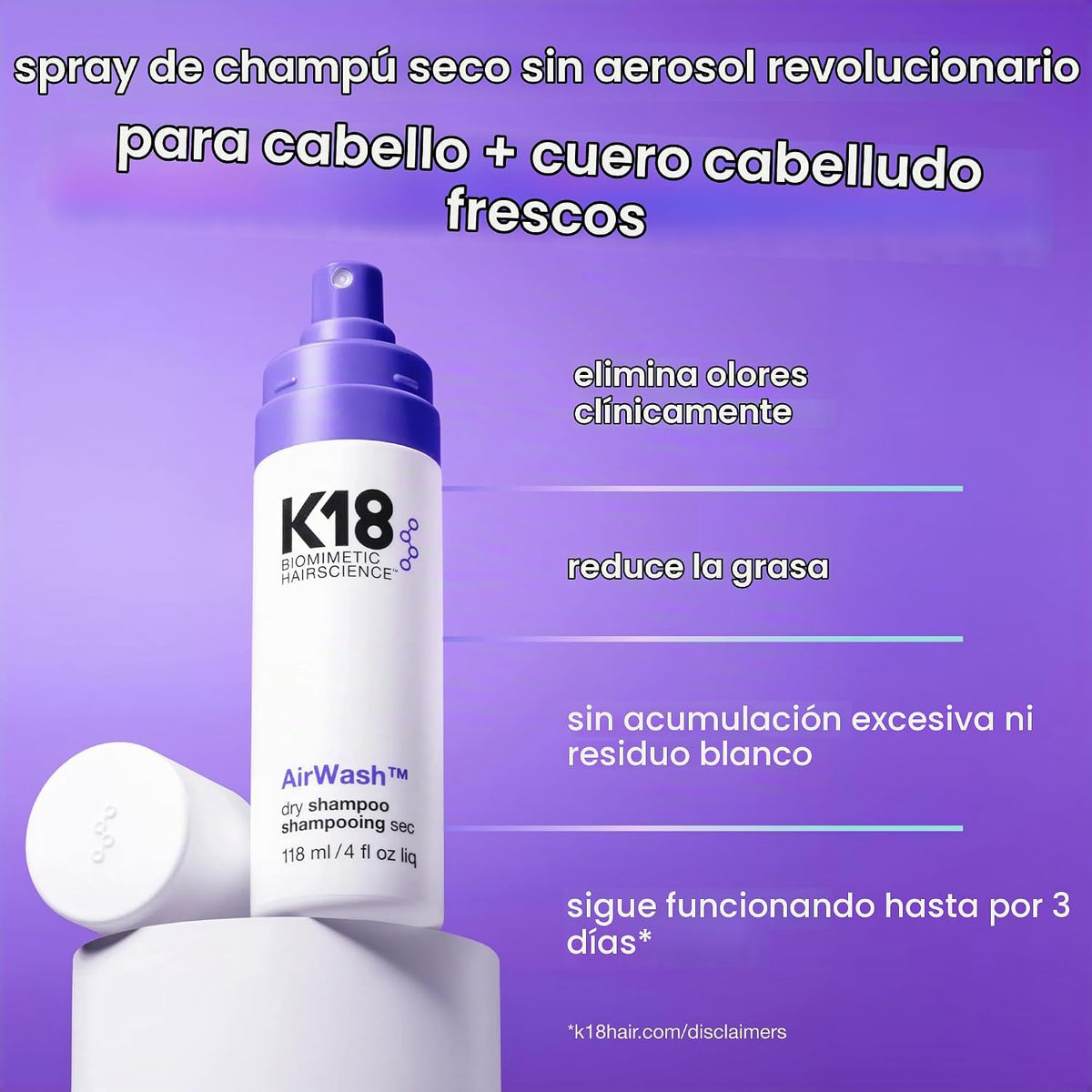El champú seco K18 AirWash™, sin aerosol, equilibra el cuero cabell...
