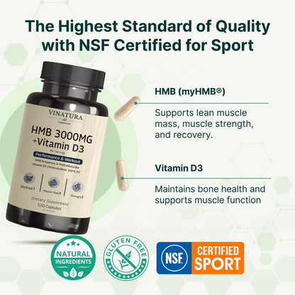 VINATURA Suplemento HMB de 3000 mg y vitamina D3, defensa muscular...