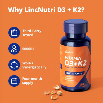 LincNutri Viamin D3 K2 5000IU, MK-7 100mcg, vitamina D3 K2 5000IU 1...