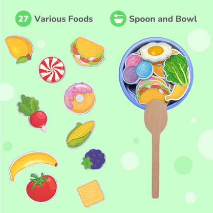 Bimi Boo Juguetes de alimentación de madera - Juguetes Montessori de cuchara para niños pequeños de 1 a 4 años - Juego de alimentos de simulación de habilidades motoras finas para niños (27 alimentos