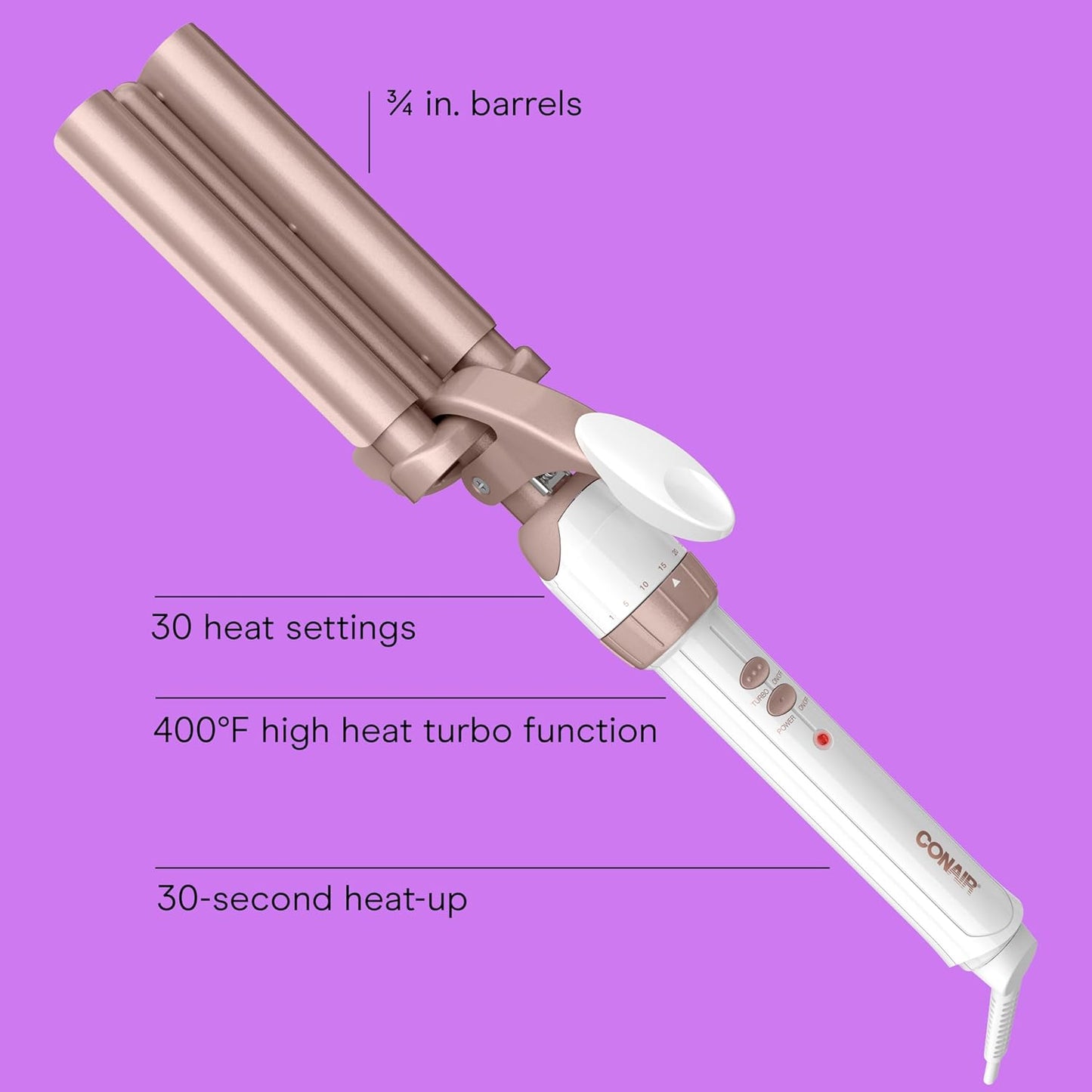 Conair Rizador de Cerámica Doble de 3 Barriles, Herramienta Onduladora de Triple Barril Crea Ondas Profundas y Continuas, Rizador de Cabello para Todas las Longitudes de Cabello, Blanco/Oro Rosa