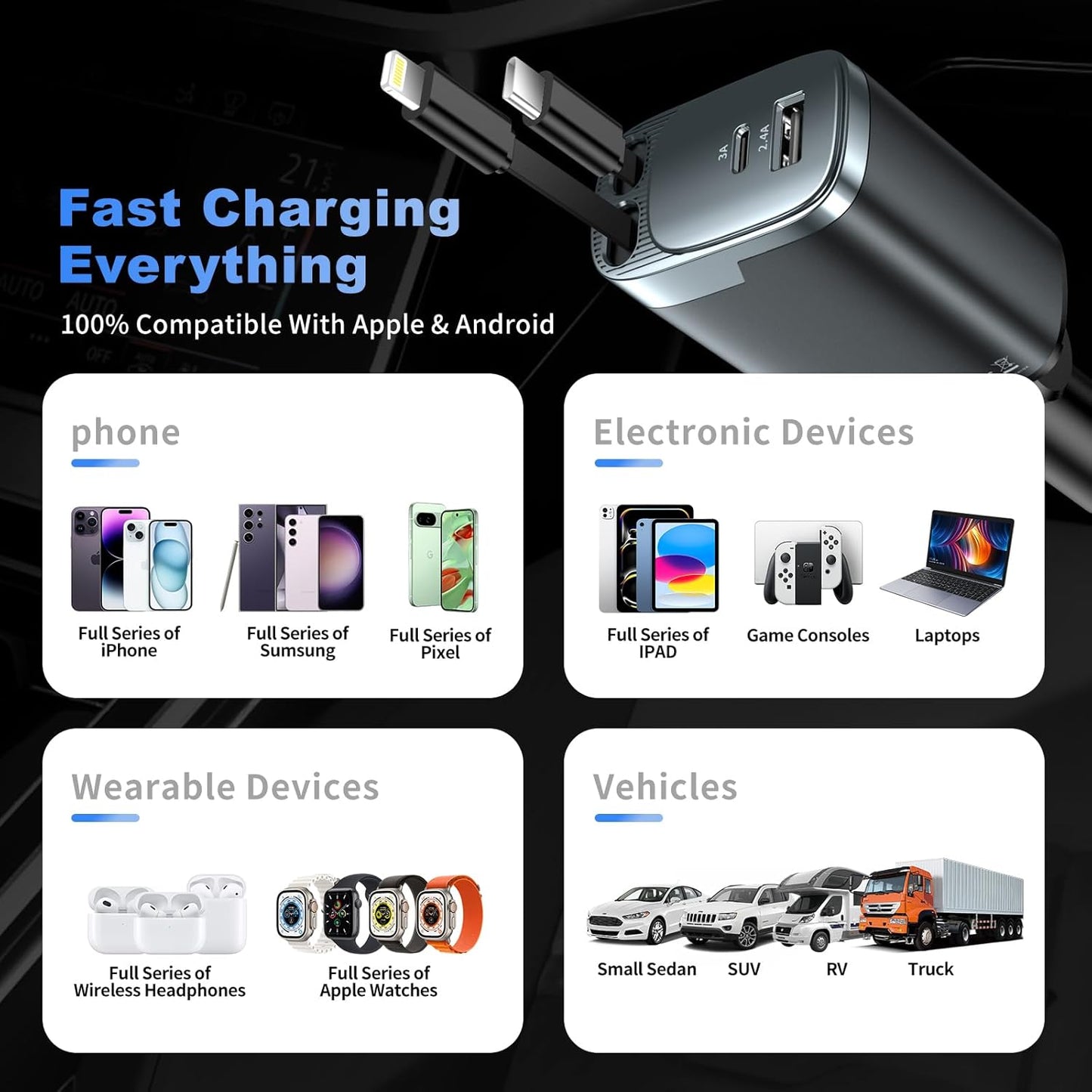 Cargador de coche retráctil, cargador de coche de 84 W USB C 4 en 1, accesorios de automóvil, adaptador de cargador de coche de carga rápida para iPhone 17 16 15 14 13 12 Pro Max, Samsung, Pixel |