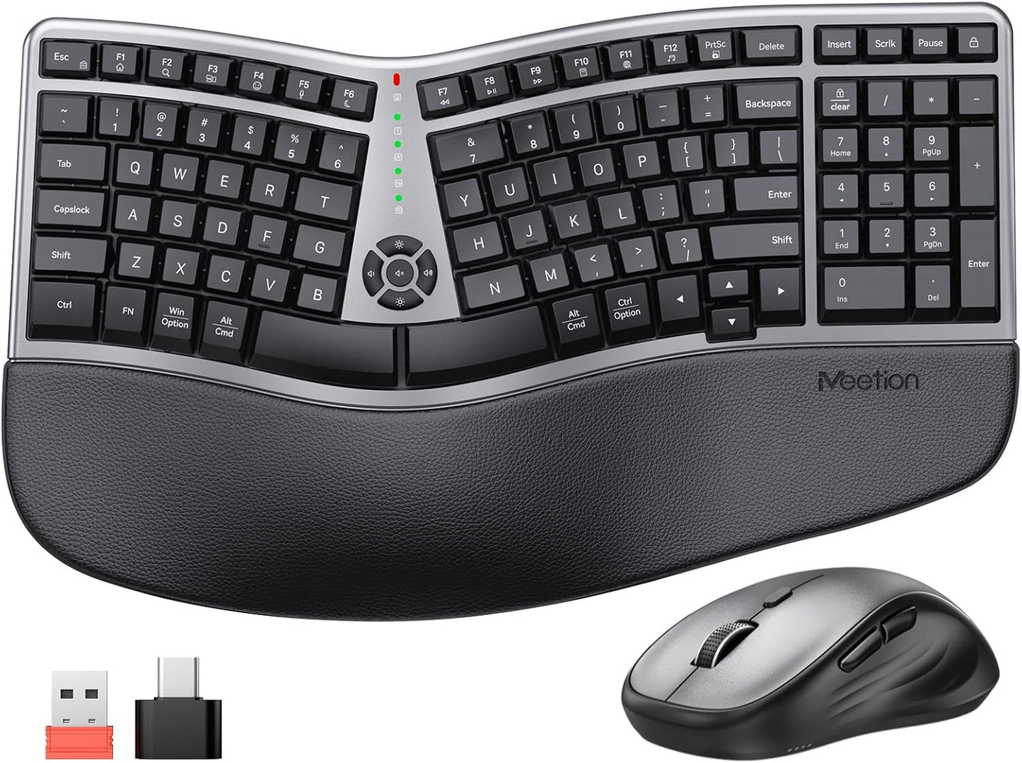 MEETION Combo ergonómico de teclado y mouse inalámbrico, teclado compacto curvado de 2.4 G con reposamanos acolchado, mouse inalámbrico ajustable de 4 niveles DPI para Windows/Mac/Escritorio/PC