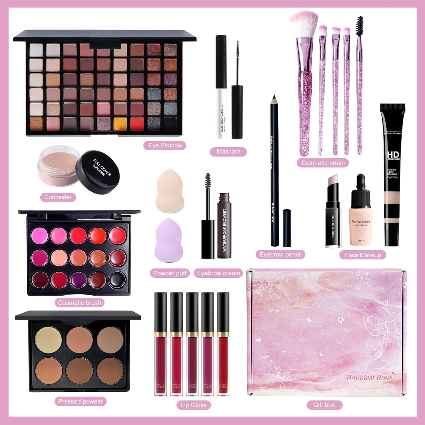 Kit completo de maquillaje para niñas, adolescentes, mujeres, kit de maquillaje para adolescentes, juegos de maquillaje para principiantes, juego de regalo de maquillaje de Navidad, kits de maquillaje