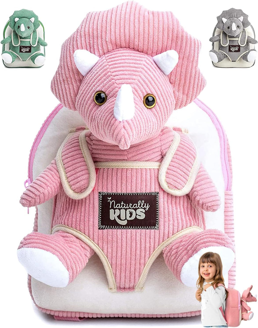 Naturally KIDS Mochila para niños pequeños con peluche rosa Tricera...