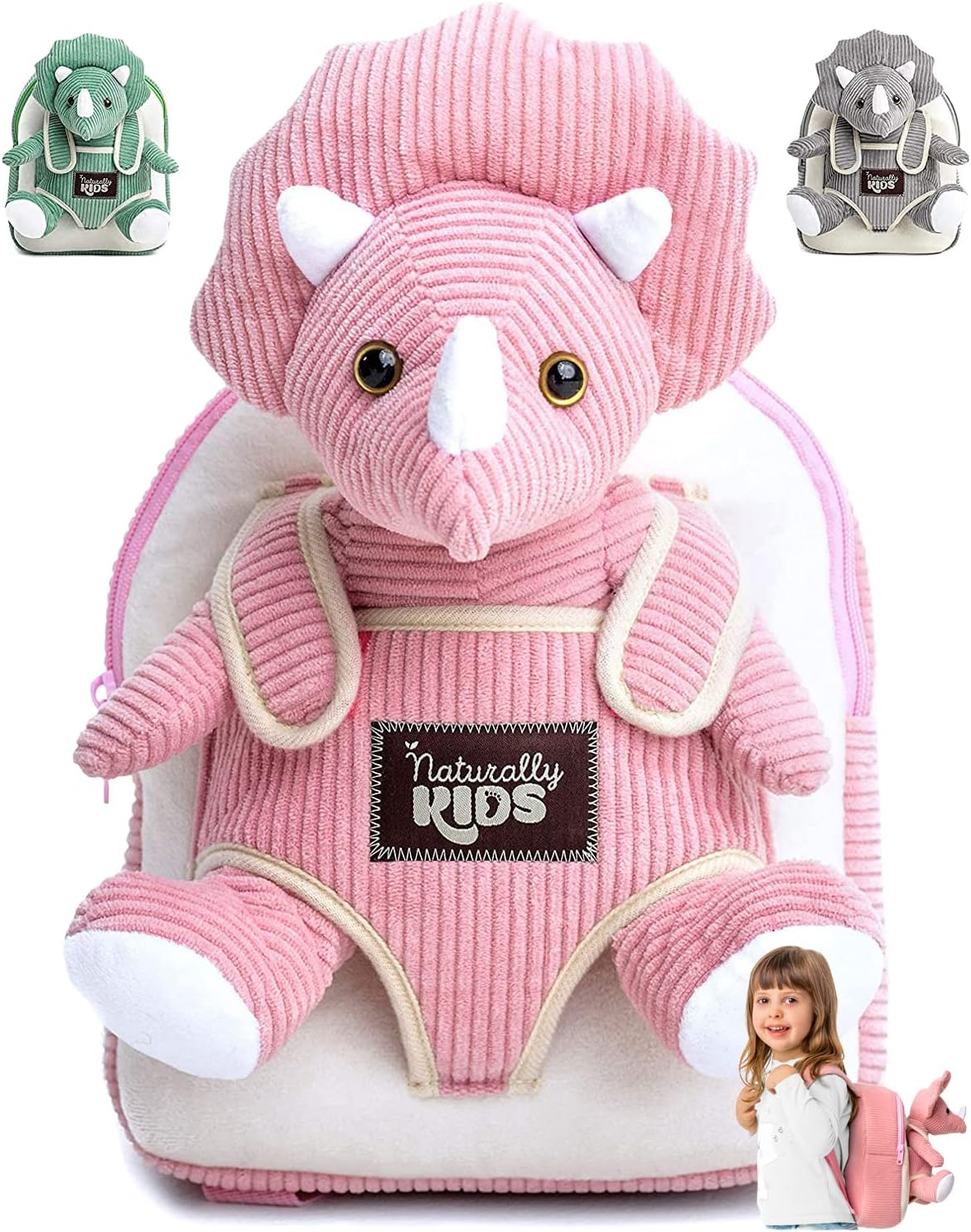Naturally KIDS Mochila para niños pequeños con peluche rosa Tricera...