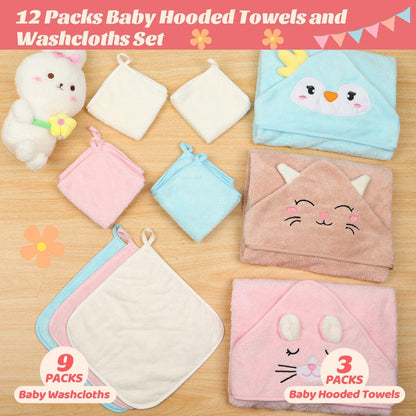 12 toallas de bebé con capucha, toallas suaves para bebé, toallas de baño absorbentes, 3 toallas de bebé y 9 paños de bebé para recién nacidos, niños pequeños y niños, toallas de bebé de 32 x 32
