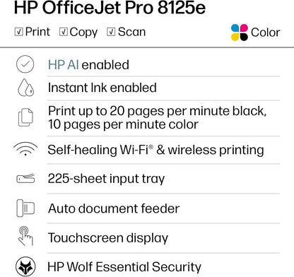 HP OfficeJet Pro 8125e Impresora inalámbrica todo en uno de inyección de tinta a color, impresión, escaneo, copia, ADF, impresión dúplex mejor para oficina en casa, prueba de tinta instantánea de 3 meses incluida, habilitada para IA (405T6A)