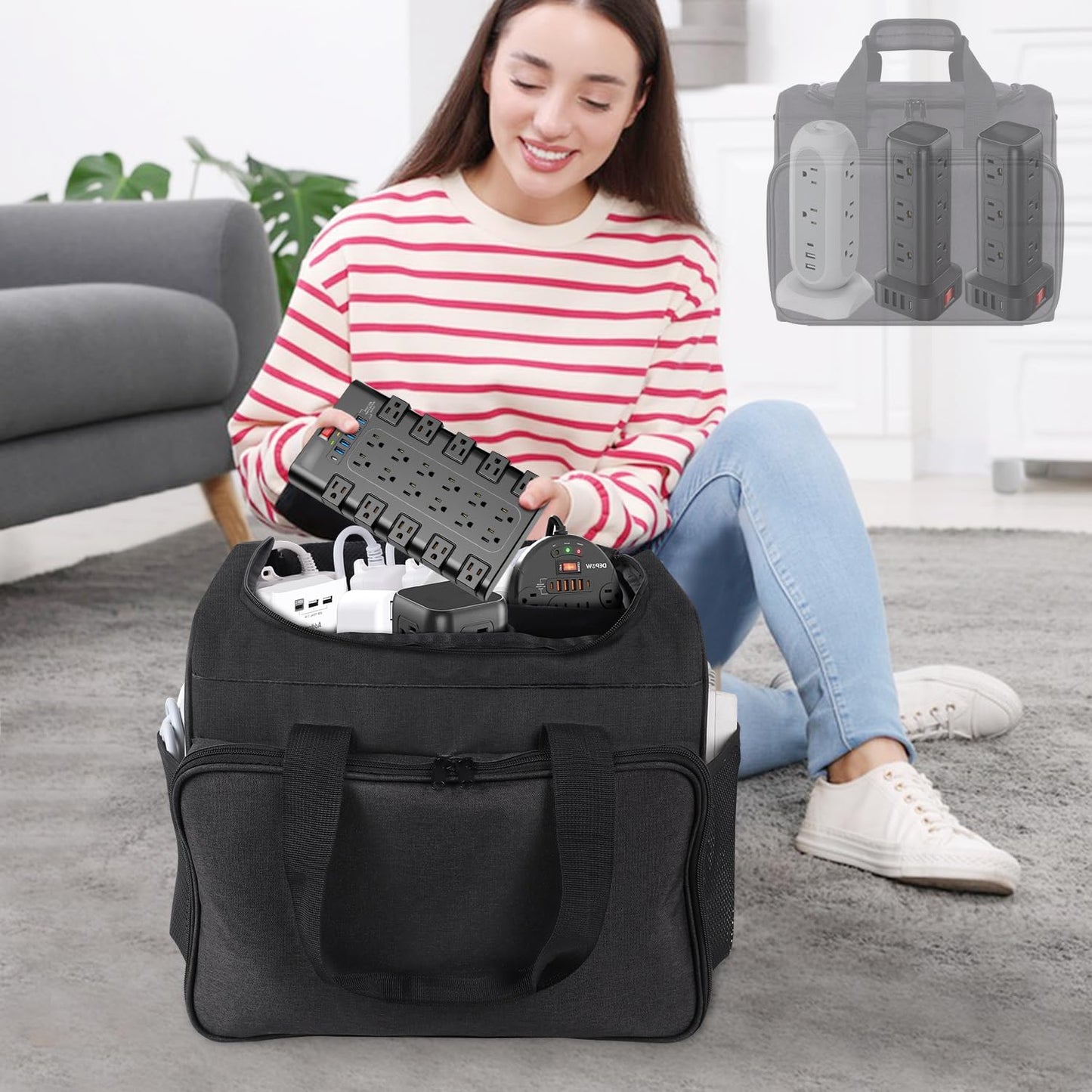 Bolsa organizadora de cables, caja organizadora de cables, bolsa de almacenamiento de cables electrónicos con divisor ajustable, bolsa de almacenamiento de cables grande para cable, cable, regleta de alimentación