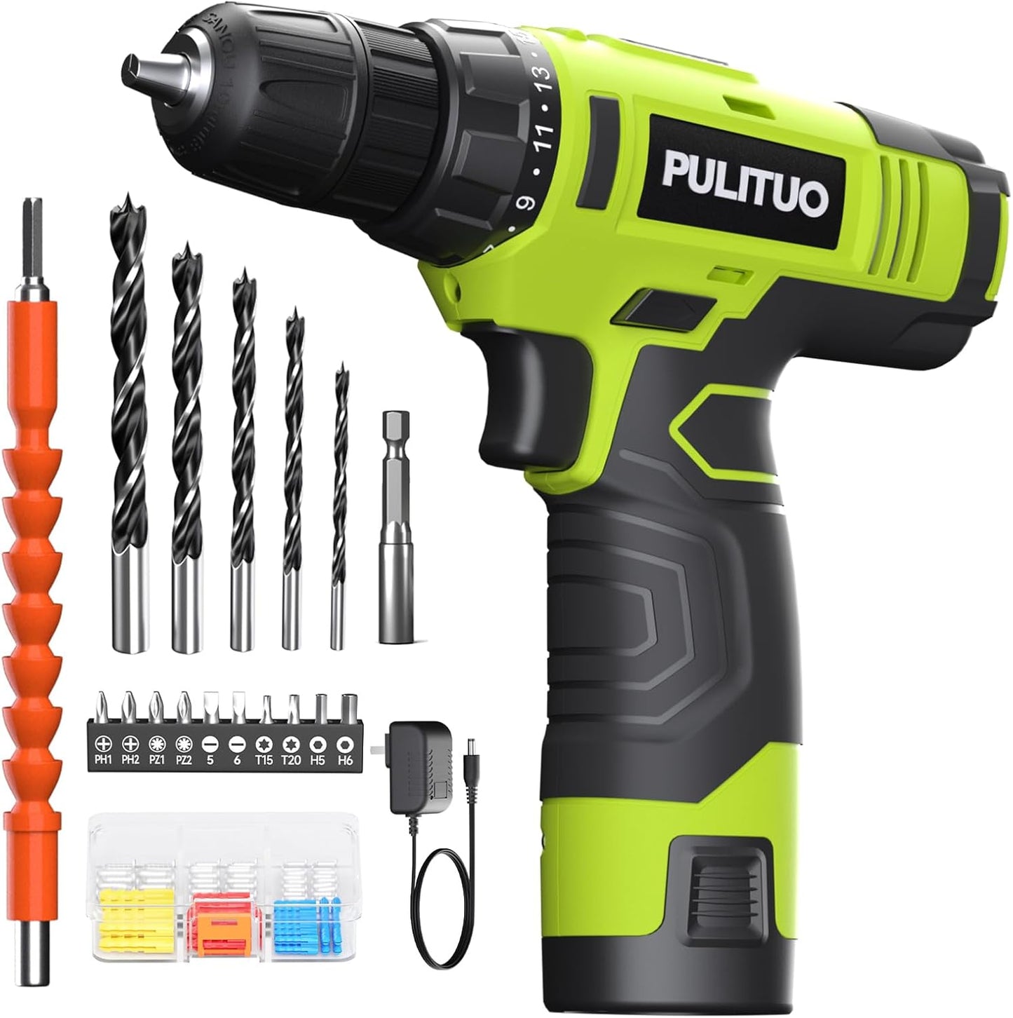 PULITUO Juego de taladro inalámbrico de 12 V verde, kit de taladro...