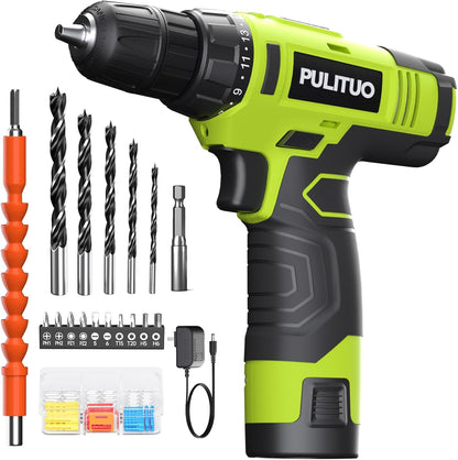 PULITUO Juego de taladro inalámbrico de 12 V verde, kit de taladro...