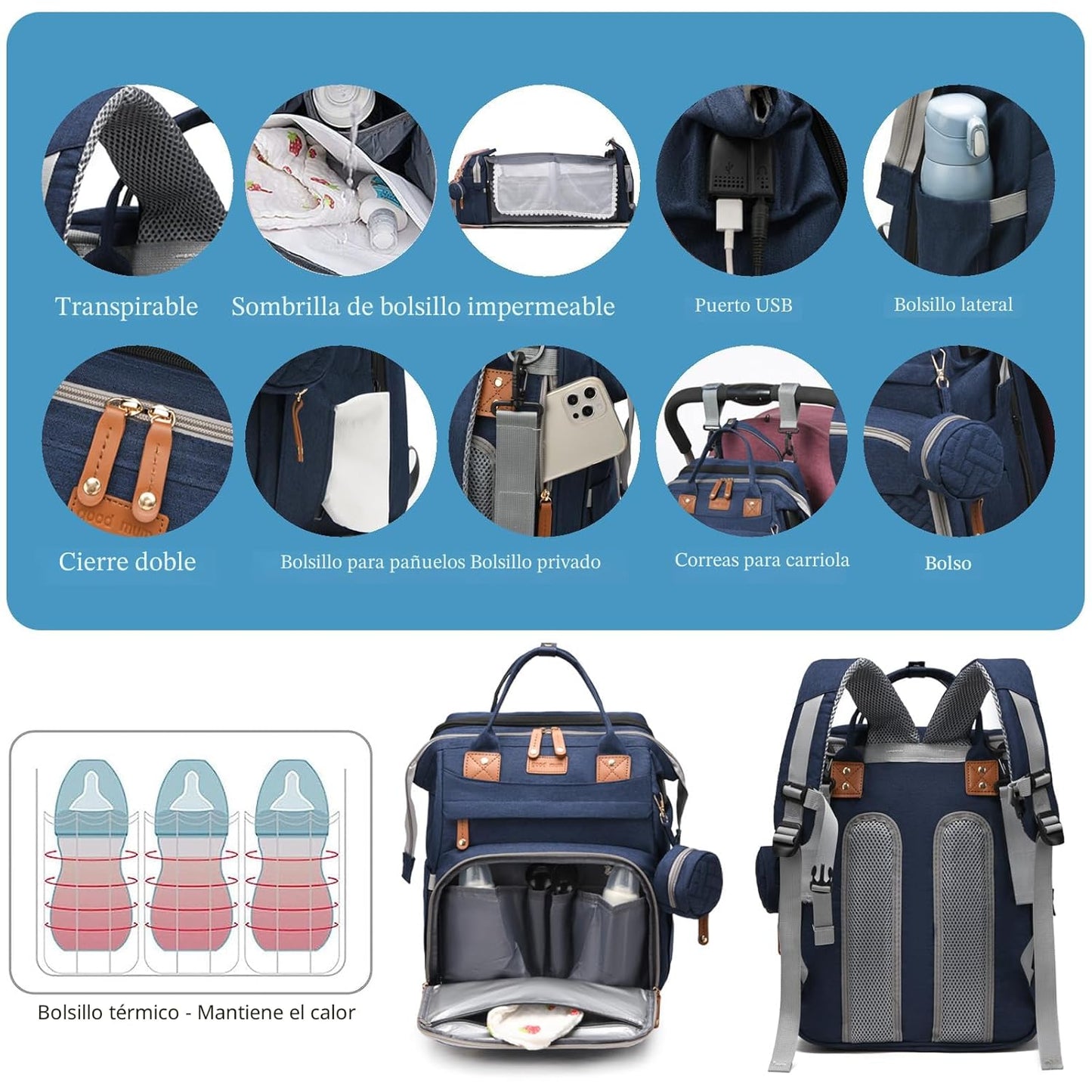 Jeryswet - Mochila para pañales con cambiador, impermeable, de gran...