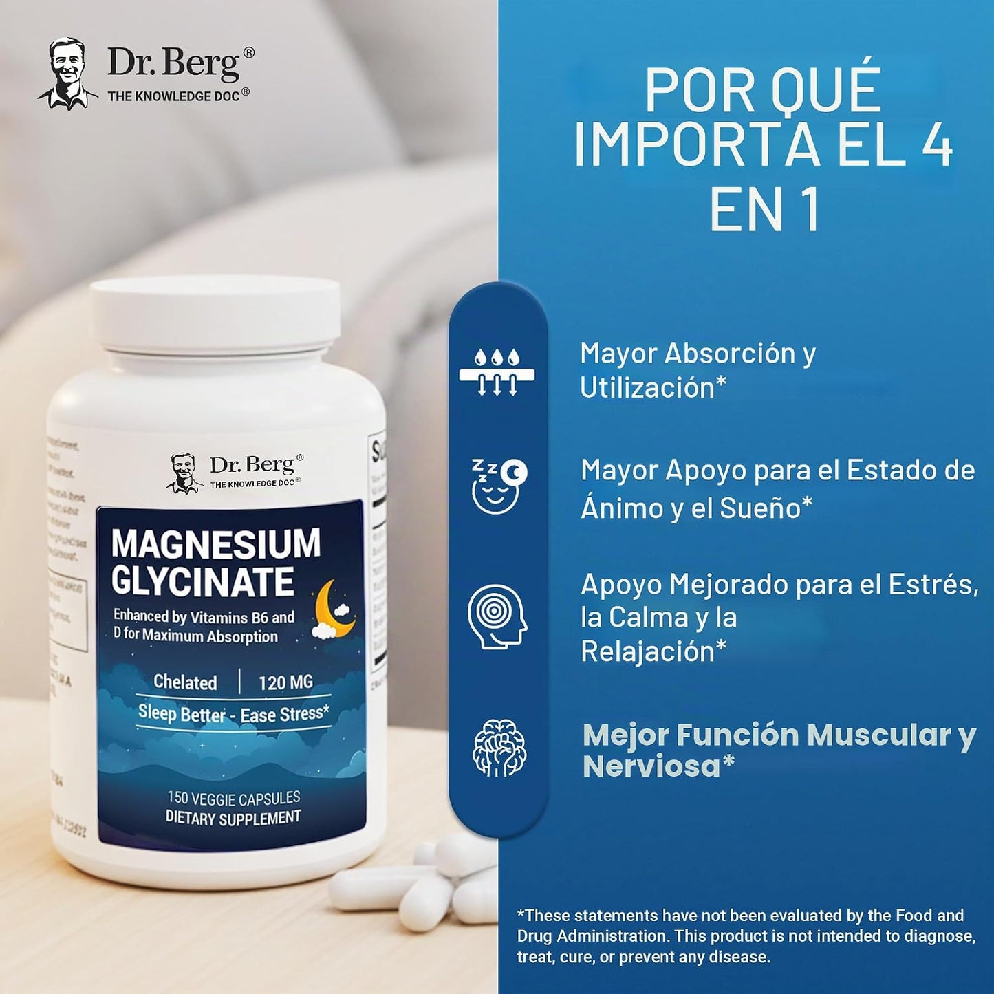 Dr. Berg Glicinato de magnesio quelado 4 en 1 de máxima fuerza con...
