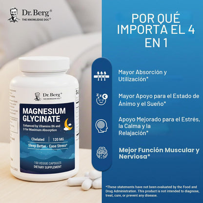 Dr. Berg Glicinato de magnesio quelado 4 en 1 de máxima fuerza con...