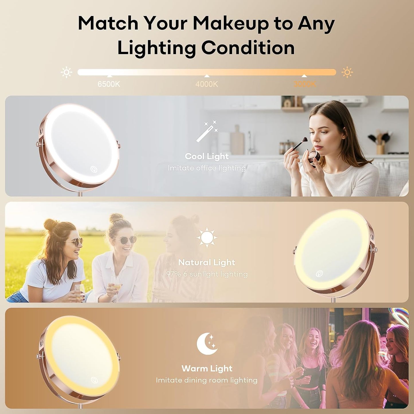 Espejo de maquillaje con luces, espejo de tocador con rotación de 3...