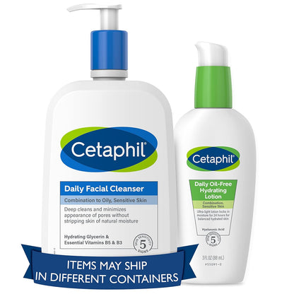 Cetaphil Bundle - Limpiador facial diario para pieles sensibles, combinación con grasa NUEVO 20 oz y loción hidratante diaria para cara, con ácido hialurónico, 3 onzas, regalos para el Día de la Madre