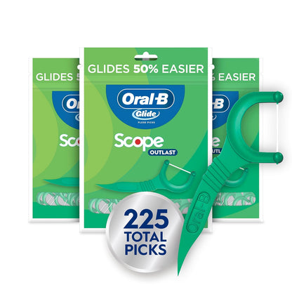 Oral-B - Palillos con hilo dental Glide de menta con sabor Scope de larga duración, 3 paquetes de 75 palillos (225 en total)