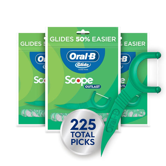 Oral-B - Palillos con hilo dental Glide de menta con sabor Scope de larga duración, 3 paquetes de 75 palillos (225 en total)