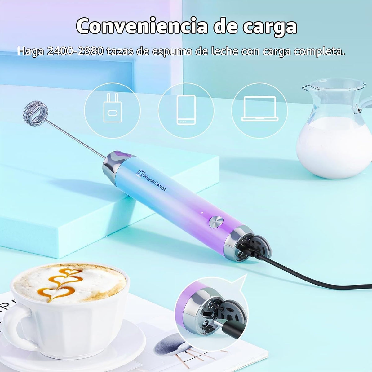 Maestri House Espumador de leche recargable con soporte, LunaFro Es...