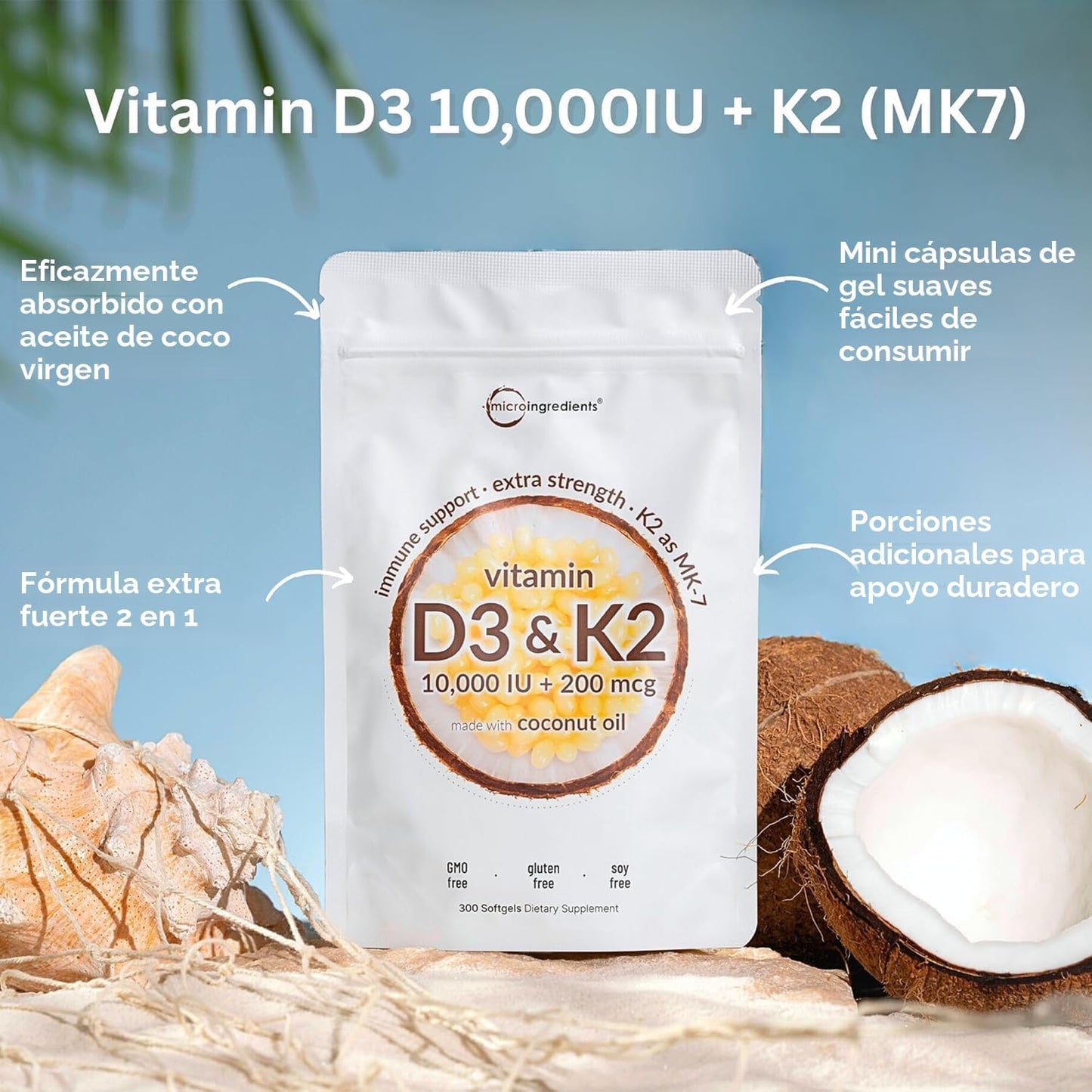 Micro Ingredients Vitamina D3 10,000 UI + K2 MK-7 200 mcg, 300 cáps...