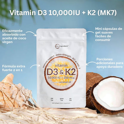 Micro Ingredients Vitamina D3 10,000 UI + K2 MK-7 200 mcg, 300 cáps...