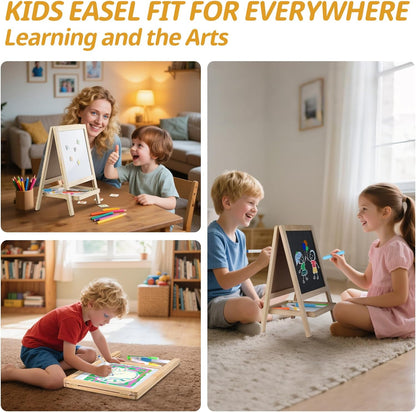 Caballete de Arte de Madera para Pintura de Mesa para Niños - Tablero de Dibujo de Doble Cara 4 en 1 para Niños Pequeños de 2-4 Años, Pizarra y Pizarra Blanca Seca con Marcadores, Borrador, Letras