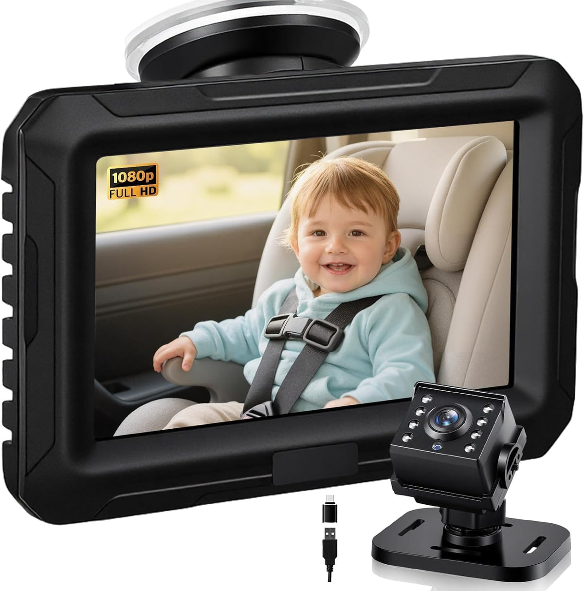 Zacro Cámara de espejo de coche para bebé 1080P para asiento traser...