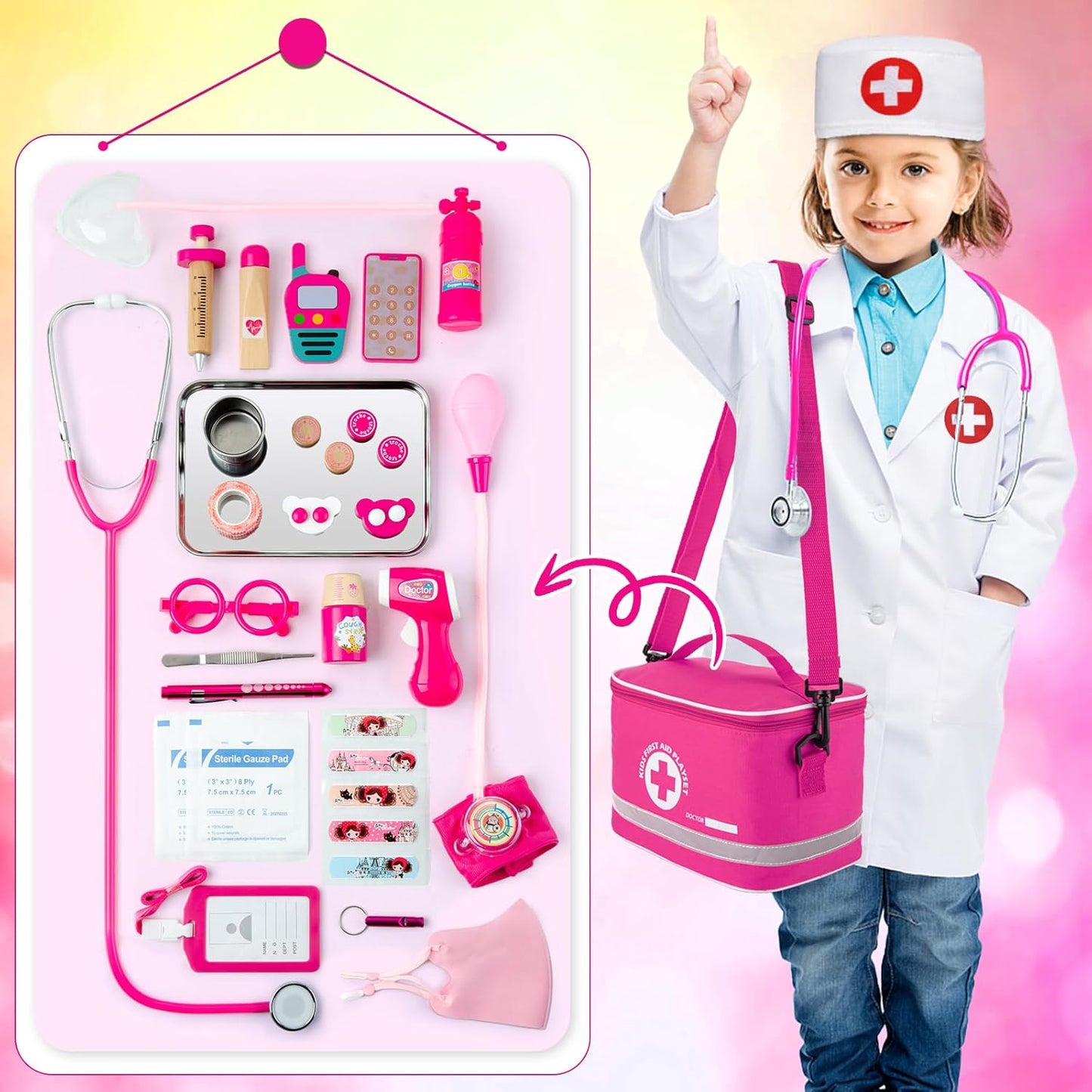 Kit médico para niños y niñas, 34 piezas para niños pequeños de 3 a 5 años con bolsa de almacenamiento médico y estetoscopio real, juego de simulación para niños y niñas, divertido juego de