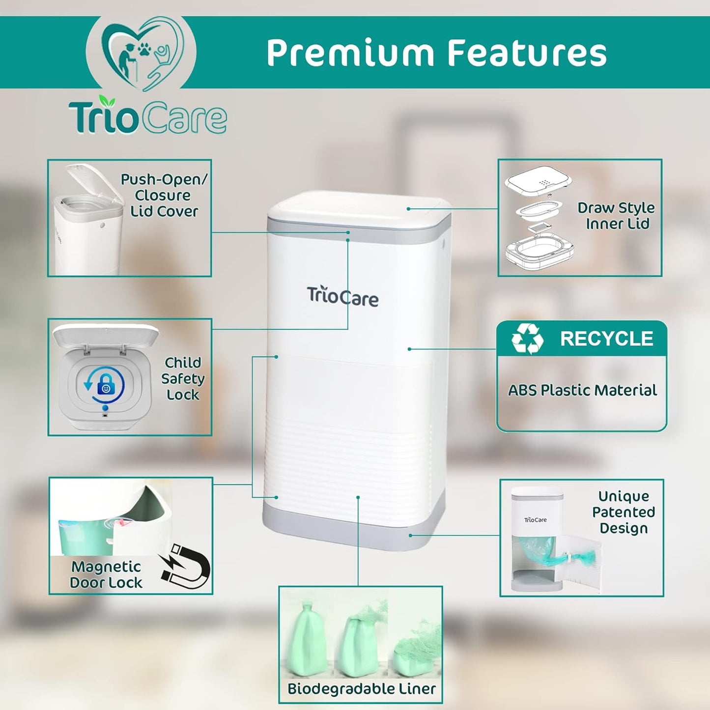 TrioCare Cubo de pañales con control de bloqueo de olor, color blan...