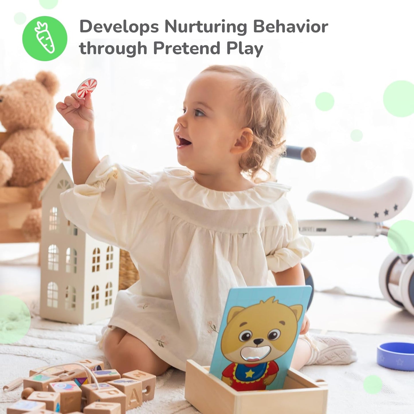 Bimi Boo Juguetes de alimentación de madera - Juguetes Montessori de cuchara para niños pequeños de 1 a 4 años - Juego de alimentos de simulación de habilidades motoras finas para niños (27 alimentos