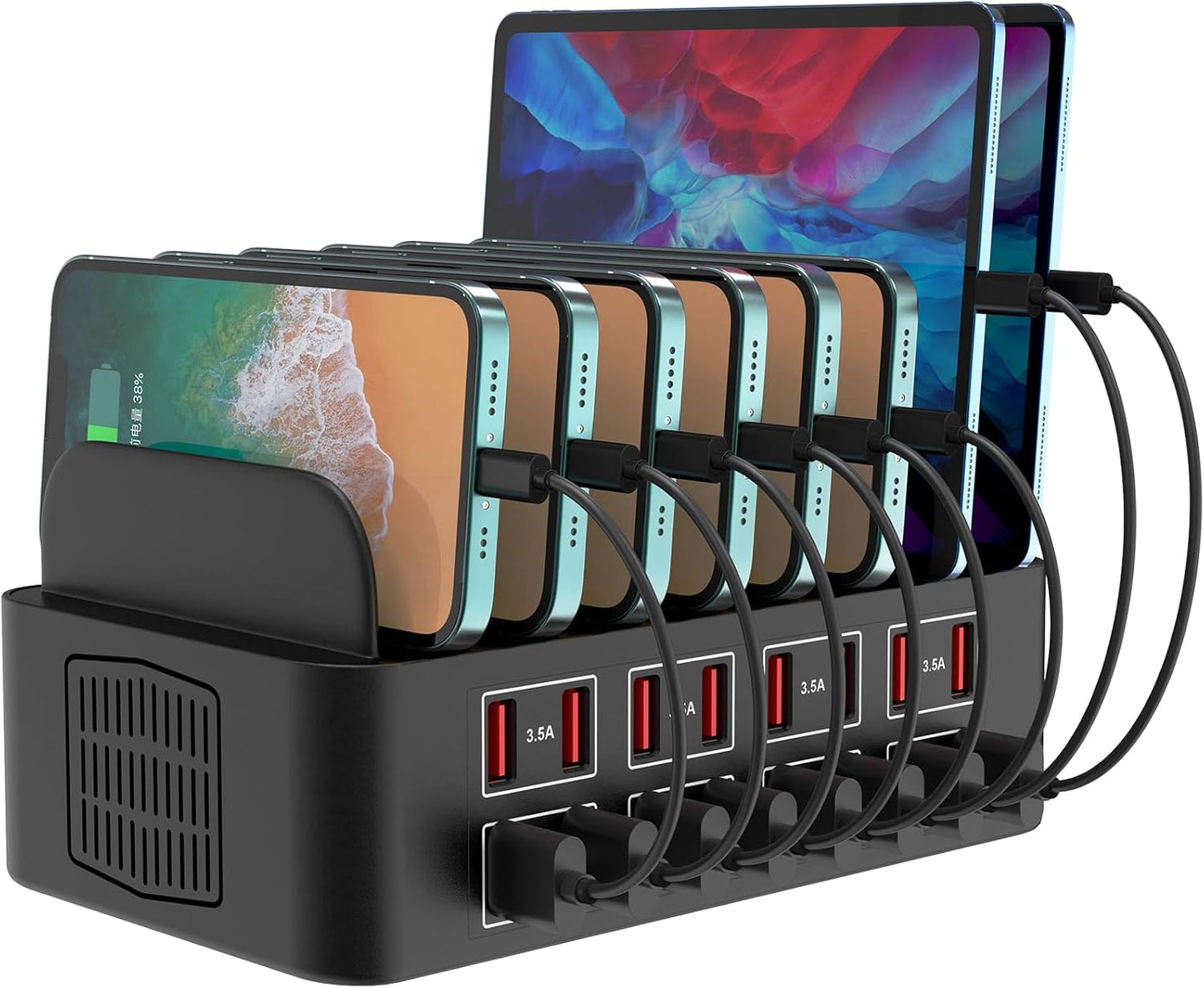 Estación de carga para múltiples dispositivos, estación de carga USB Cinlinso de 150 W/35 A, 16 puertos, organizador de cargador rápido para múltiples dispositivos, compatible con iPad, tableta, teléfono celular Kindle y otros dispositivos electrónicos