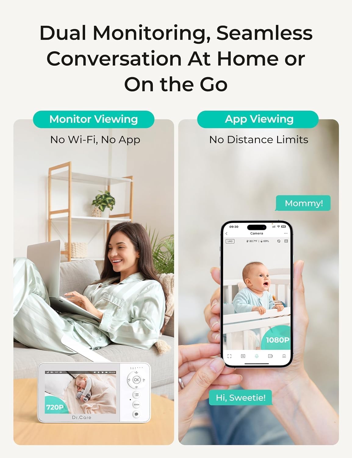 Dr.Care VistaView Lite RB Smart WiFi Monitor de bebé con 2 cámaras,...