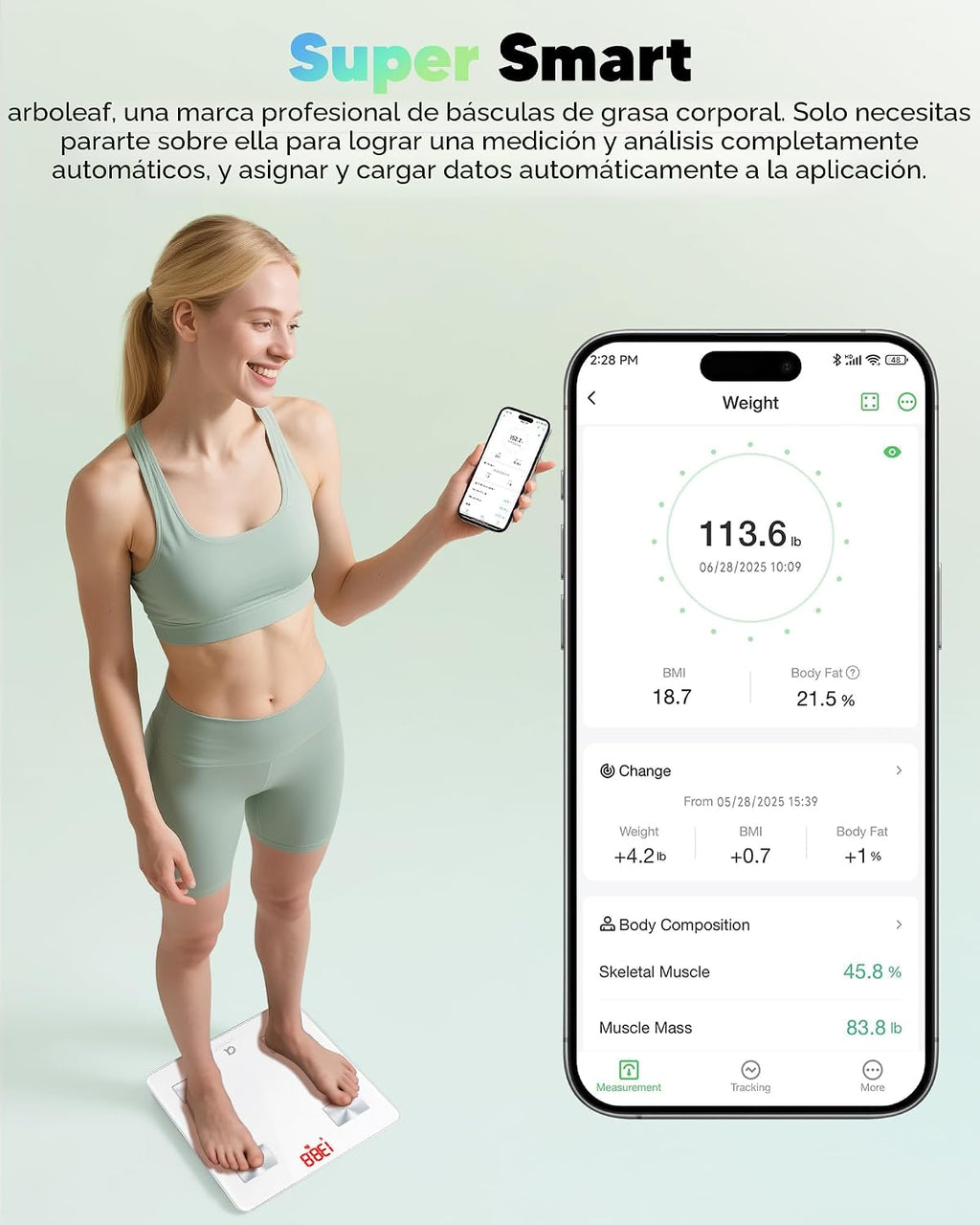 arboleaf Báscula inteligente para peso corporal y grasa, báscula di...