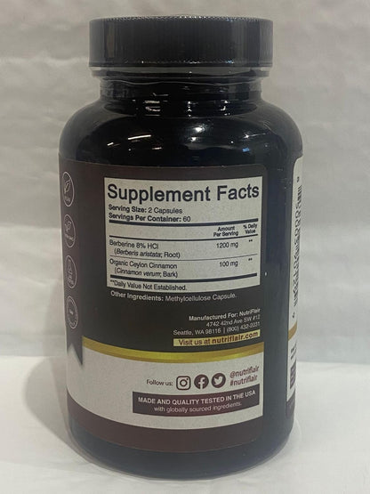NutriFlair Berberina HCL Premium 1200mg, 120 Cápsulas - Más Canela...