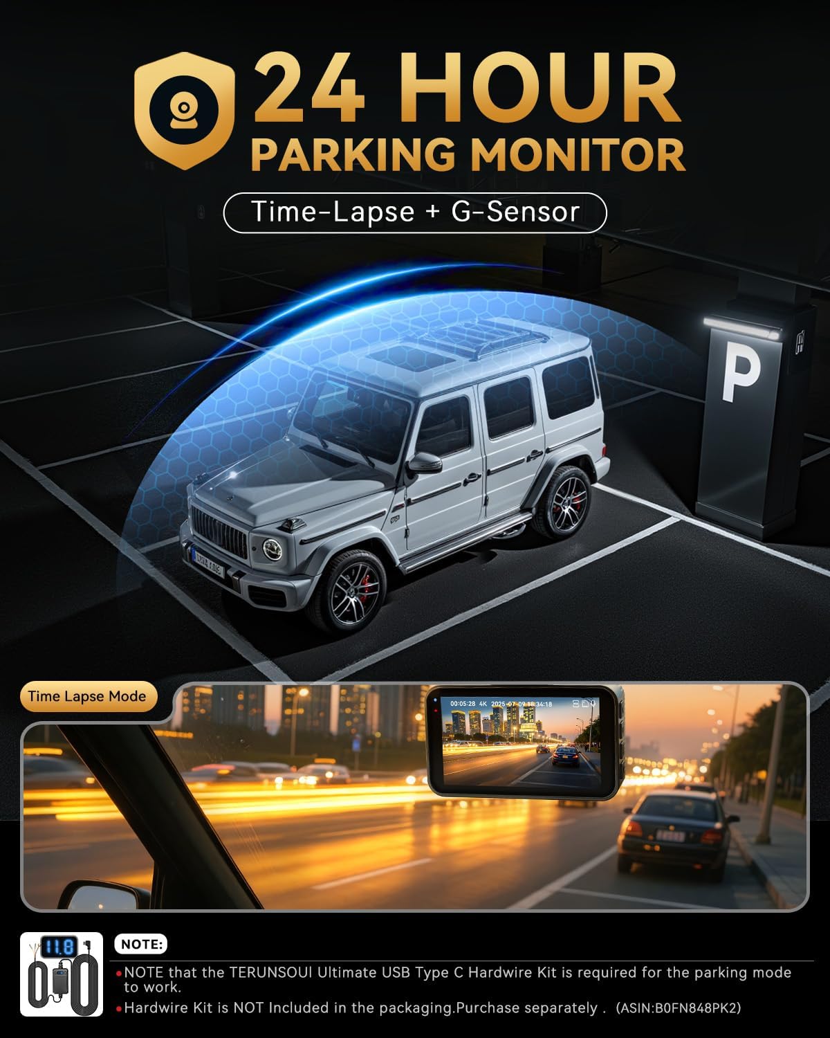 Cámara de tablero frontal y trasera 4K+4K, tarjeta gratuita de 128 GB incluida, cámara WiFi de 5.8 GHz para autos, GPS integrado, sensor G, gran angular de 170°, pantalla IPS de 3 pulgadas